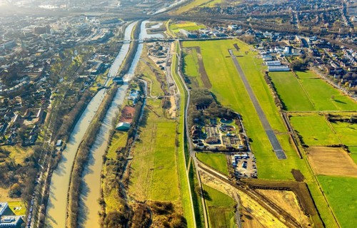 Aerial photo, Lippewiesen, reconstruction of Lippe meadows between Hamm-Lippewiesen airfield and