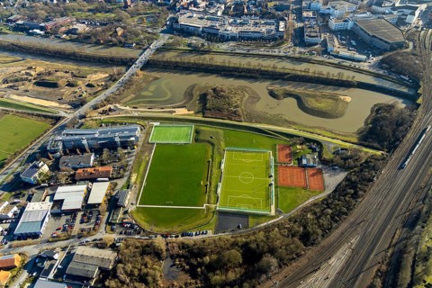 Aerial view, reconstruction Lippe, sports facility hockey and tennis club Hamm, Allee-Center, Hamm