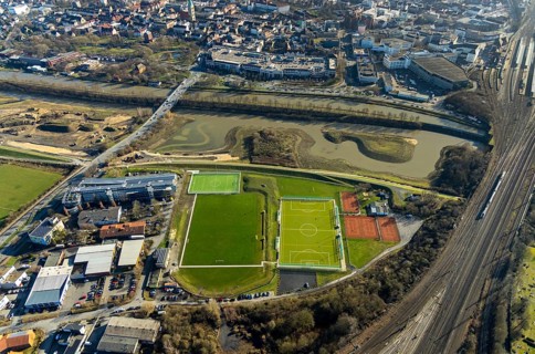 Aerial view, reconstruction Lippe, sports facility hockey and tennis club Hamm, Allee-Center, Hamm