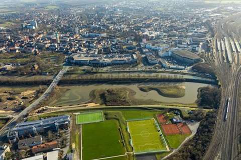 Aerial view, reconstruction Lippe, sports facility hockey and tennis club Hamm, Allee-Center, Hamm