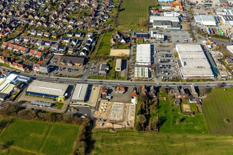 Aerial view, commercial area and residential area, construction site Dortmunder Straße 175, Hamm,