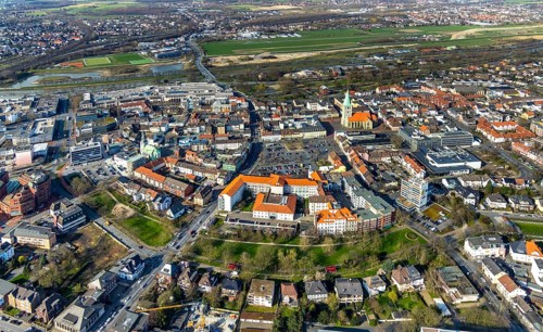 Aerial view, St. Marien-Hospital Hamm, Evang. St. Paul's Church, local view, Südring park, Hamm,