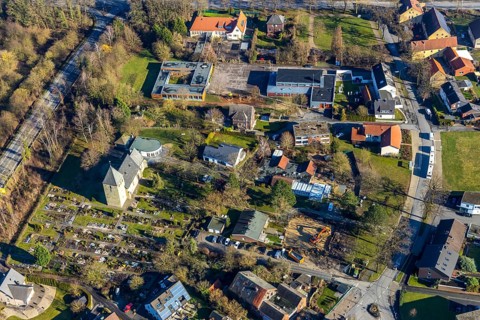 Aerial view, Uentrop village church, Maximilian primary school Uentrop, Uentrop, Hamm, Ruhr area,
