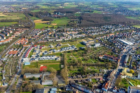 Aerial view, housing estate development area Auf dem Beisenkamp, Eschenallee, Beisenkamp Gymnasium