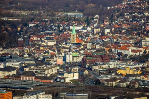 Aerial view, city centre view, Hamm main station, Evang. Pauluskirche, Hamm, Ruhr area, North