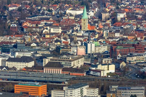 Aerial view, city centre view, Hamm main station, Evang. Pauluskirche, Hamm, Ruhr area, North