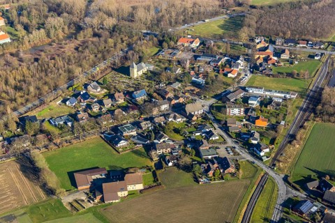 Aerial view, local view Uentriop, Uentrop village church, Maximilian primary school Uentrop,
