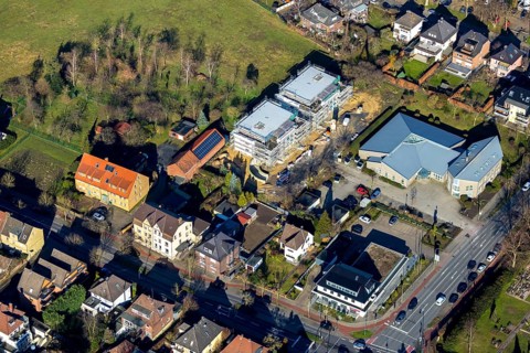 Aerial view, dialysis centre Hamm, residential complex construction site new building barrier-free