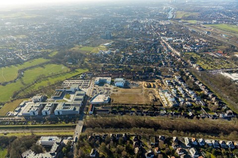 Aerial view, new development area SCI:Q Living, ParacelsusPark, Hamm-Lippstadt University,