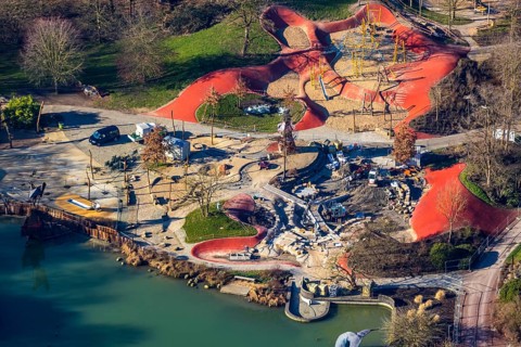 Aerial view, Maximilianpark Hamm, construction site renewal, reconstruction water playground,