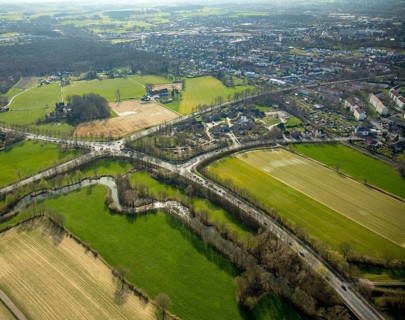 Aerial view, construction area, AhsePark housing estate, Caldenhofer Weg, river Ahse, Hamm, Ruhr