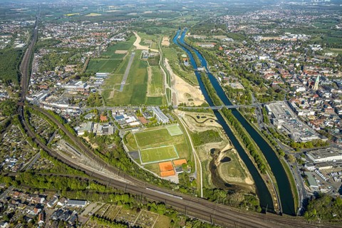 Hamm-Lippewiesen airfield EDLH, runway markings, Lippe reconstruction, Lippe river, Hamm, Ruhr