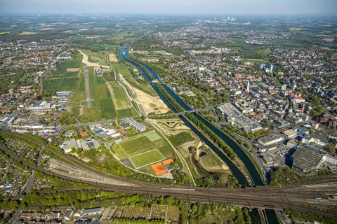 Aerial view, hockey and tennis club Hamm Philip-Reis-Straße, Lippe river, Hamm, Ruhr area, North