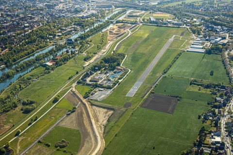 Hamm-Lippewiesen airfield EDLH, runway markings, Lippe reconstruction, Lippe river, Hamm, Ruhr
