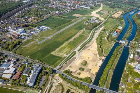 Hamm-Lippewiesen airfield EDLH, runway markings, Lippe reconstruction, Lippe river, Hamm, Ruhr