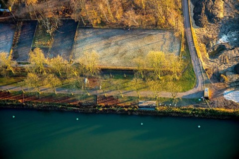 Aerial view, Datteln-Hamm canal, new Ahsedüker, Ahse, sheet pile wall, canal construction site,