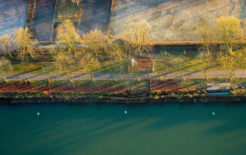 Aerial view, Datteln-Hamm canal, new Ahsedüker, Ahse, sheet pile wall, canal construction site,