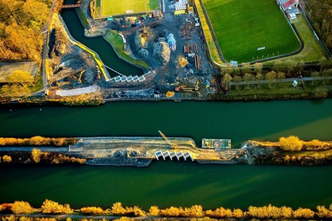 Aerial view, Datteln-Hamm canal, new Ahsedüker, Ahse, sheet pile wall, canal construction site,