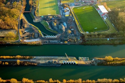 Aerial view, Datteln-Hamm canal, new Ahsedüker, Ahse, sheet pile wall, canal construction site,