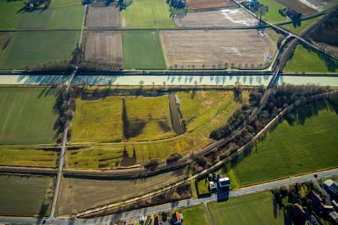 Aerial view, meadows and fields at the Datteln-Hamm canal, planned ice nature reserve, BUND