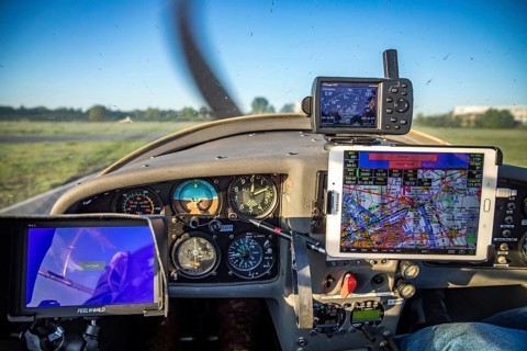 Aerial photo, motorised touring glider Hoffmann Dimona H36, cockpit, instruments, Hamm, Ruhr area,