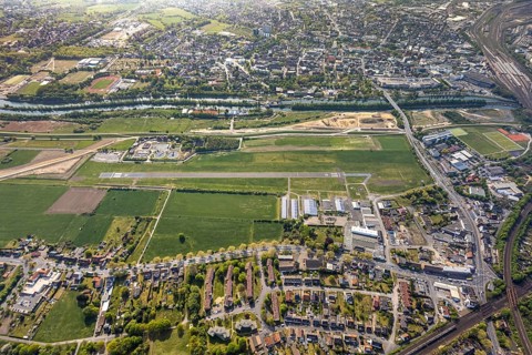 Hamm-Lippewiesen airfield EDLH, runway markings, Lippe reconstruction, Lippe river, Hamm, Ruhr