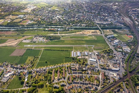 Hamm-Lippewiesen airfield EDLH, runway markings, Lippe reconstruction, Lippe river, Hamm, Ruhr