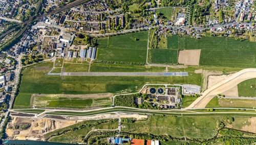 Hamm-Lippewiesen airfield EDLH, runway markings, Lippe reconstruction, Lippe river, Hamm, Ruhr