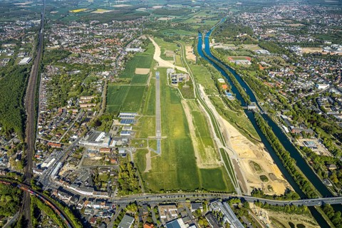 Hamm-Lippewiesen airfield EDLH, runway markings, Lippe reconstruction, Lippe river, Hamm, Ruhr
