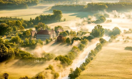 Aerial view, morning fog, Lippe river meadow, landscape in backlight, Oberwerries Castle, Hamm,