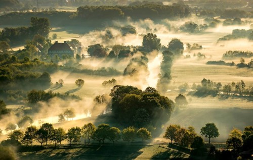 Aerial view, morning fog, Lippe river meadow, landscape in backlight, Oberwerries Castle, Hamm,