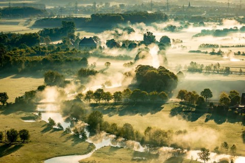 Aerial view, morning fog, Lippe river floodplain, landscape in backlight, Oberwerries Castle, Hamm,