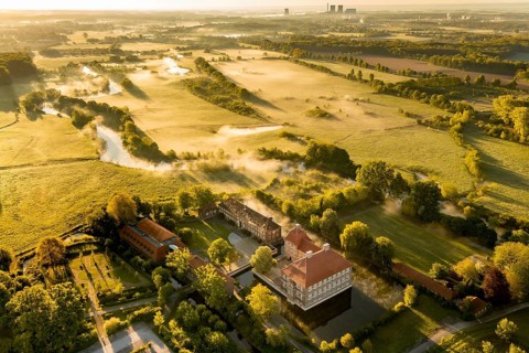 Aerial view, morning fog, Lippe river meadow, landscape in backlight, Oberwerries Castle, RWE power