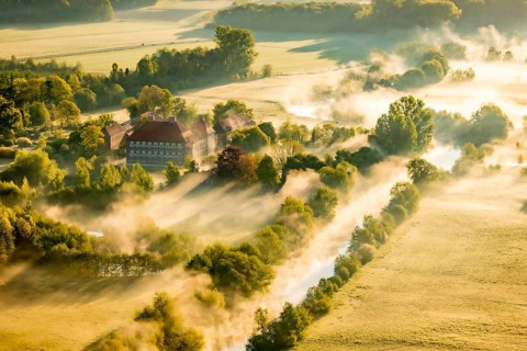 Aerial view, morning fog, Lippe river meadow, landscape in backlight, Oberwerries Castle, Hamm,
