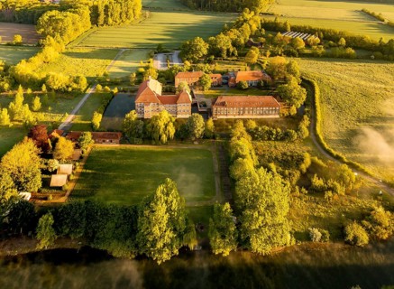 Aerial view, morning fog, Lippe river meadow, landscape in backlight, Oberwerries Castle, Hamm,