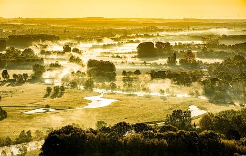 Aerial view, morning fog, Lippe river meadow, landscape in backlight, Oberwerries Castle, Hamm,
