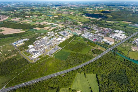 Aerial view, Uentrop DuPont plant, overview of the Dupont chemical plant, plastics plant,