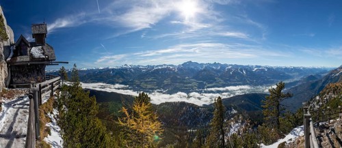 Peace chapel, Friedenskircherl am Stoderzinken, fog in the valley above the Enns Valley, panoramic