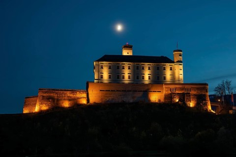 Moon over Trautenfels Castle, blue hour, near Irdning, Ennstal, Styria, Austria