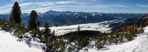 Autumn atmosphere, fog over the Enns Valley, snow on alpine mountain range, autumn leaves,