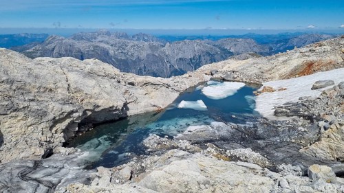 Glacier lake and remnants of the Übergossene Alm glacier on the Hochkönig, symbol of glacier