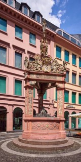 Market fountain, sandstone fountain, sculptor Peter Schro, Renaissance style, general architecture,