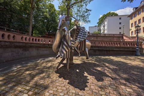 Stainless steel sculpture Saint Martin, sculptor Albert Sous, general architecture, trees, blue
