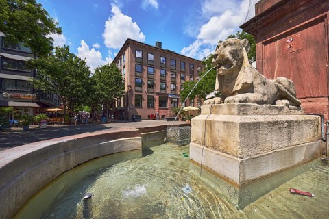 New fountain, sandstone fountain, limestone sculpture lion, water, city builder Johannes Weydt,