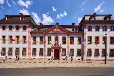 Erthaler Hof, Adelshof, classicism style, façade with windows and door, historic building, lantern,