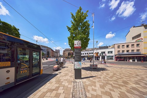 Public bus, public transport, concrete paving walkway, traffic area, street, square, general