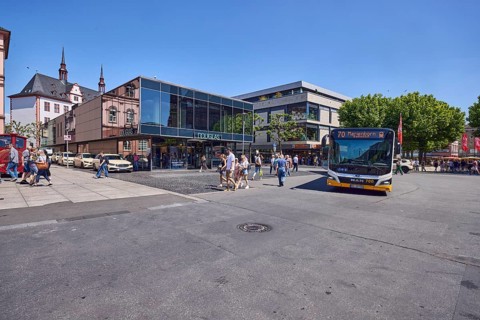 Commercial building, general architecture, modern building, perfumery, Douglas, public bus, bus
