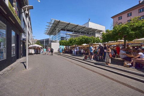 Pedestrian zone, commercial building, modern architecture, residential buildings, shops, shopping,