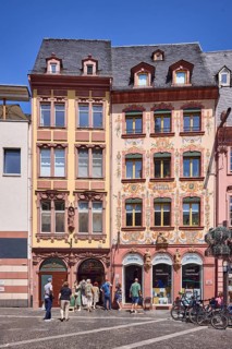 Bakery Brot Bassing, music shop, reconstructed historic buildings, façade painting, windows,