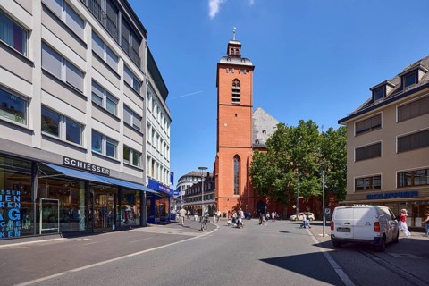 Fashion store, Schiesser GmbH, church, St. Quintin, church tower, general architecture, residential
